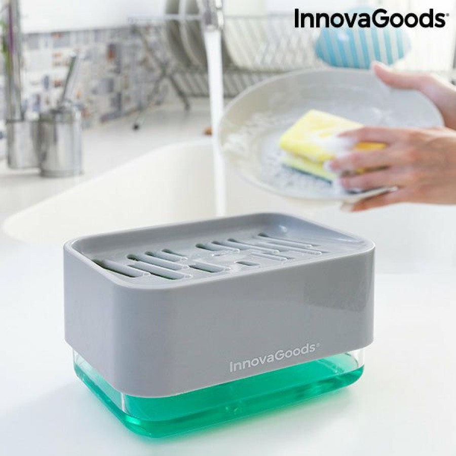 Cocina InnovaGoods | Dispensador De Jabon 2 En 1 Para Fregadero Pushoap Innovagoods