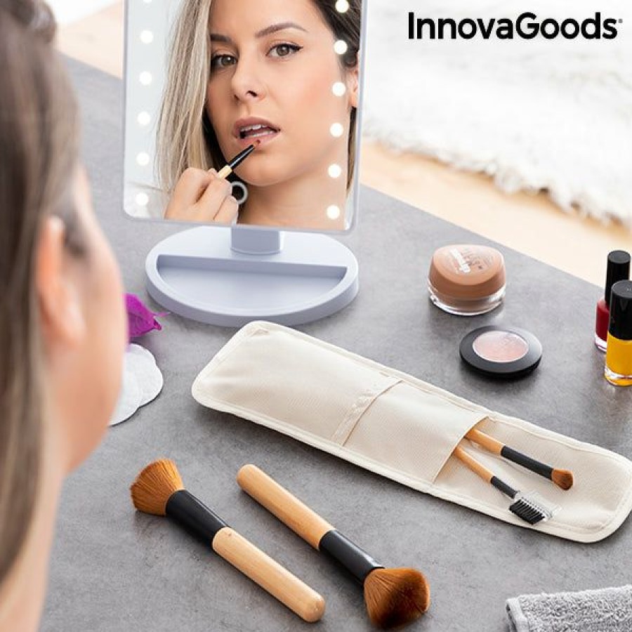 Bienestar InnovaGoods | Set De Brochas De Maquillaje De Madera Con Funda De Transporte Miset Innovagoods 5 Piezas