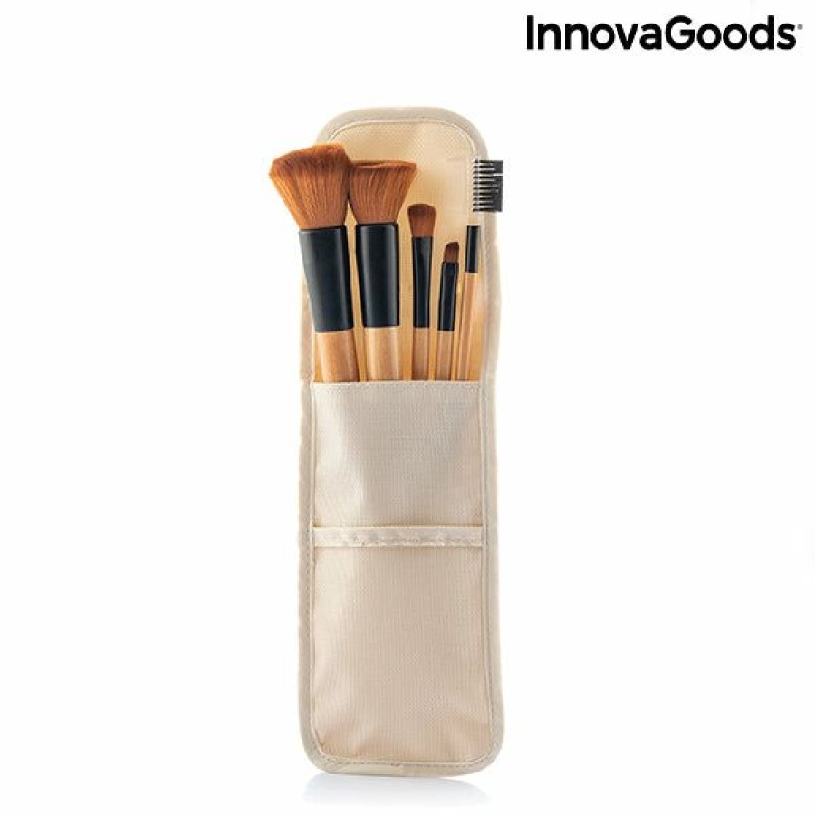 Bienestar InnovaGoods | Set De Brochas De Maquillaje De Madera Con Funda De Transporte Miset Innovagoods 5 Piezas