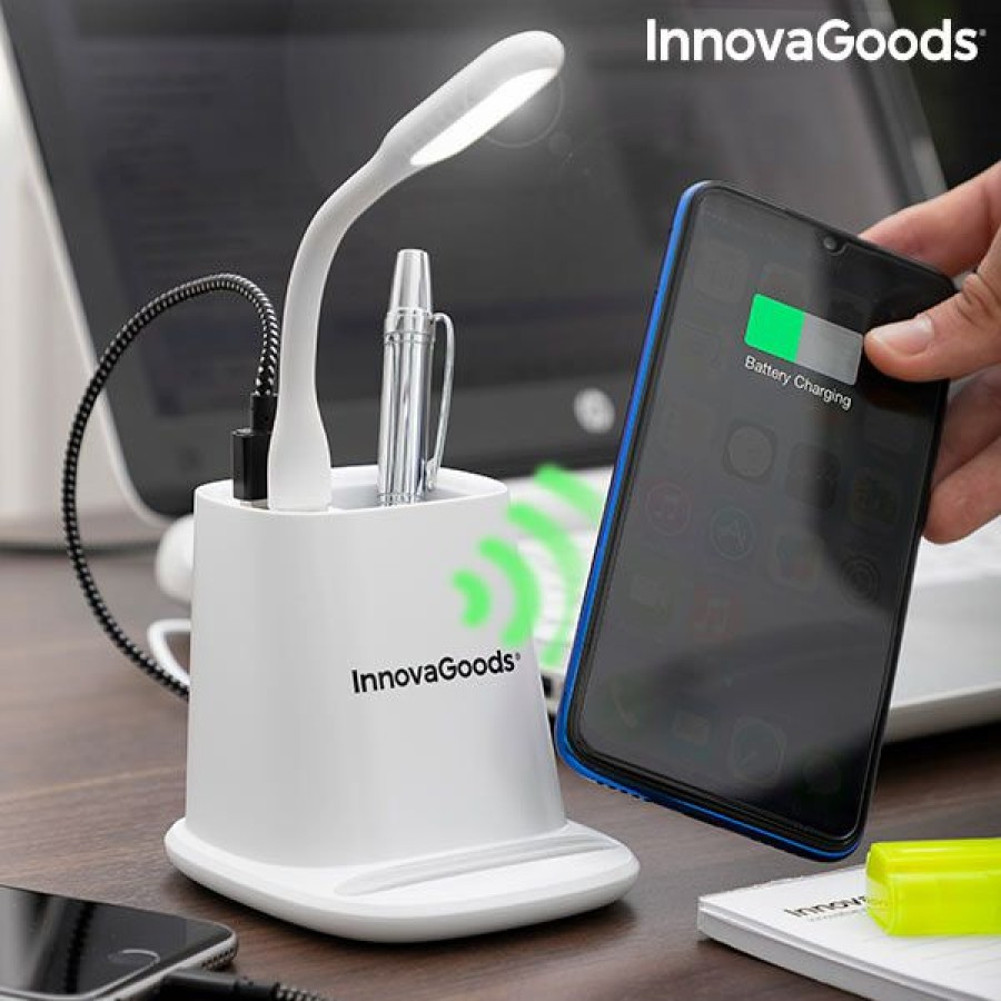 Gadget InnovaGoods | Cargador Inalambrico Con Soporte-Organizador Y Lampara Led Usb 5 En 1 Desking Innovagoods